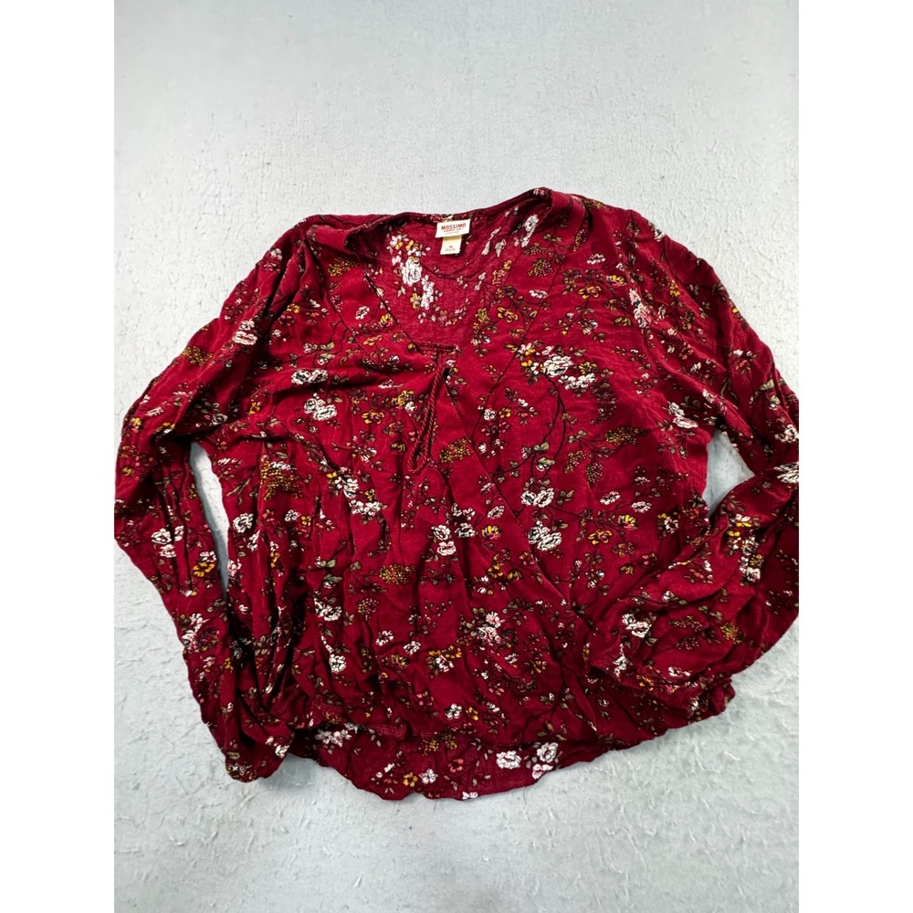 Mossimo Supply Co Blouse Top Women XL Red Floral Long Sleeve Tie Neck Wrap Front